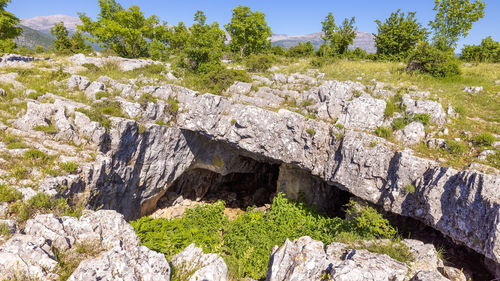 Low angle view of rock formations