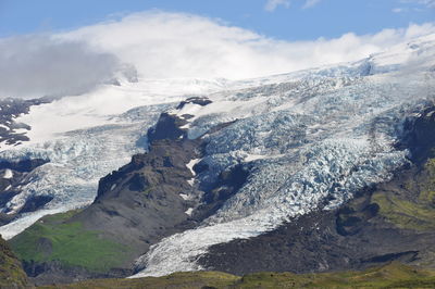 Aerial view of snowcapped mountains against sky