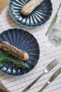 High angle view of cake in plate on table