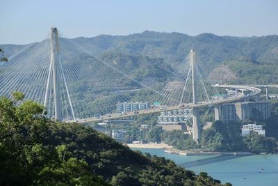 High angle view of high way and bridge in city.  