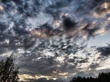 Low angle view of silhouette trees against dramatic sky