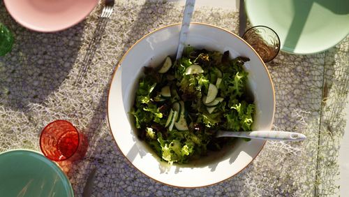High angle view of meal served on table