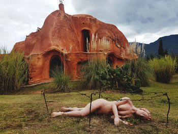 Woman relaxing on field