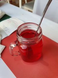 High angle view of drink in jar on table