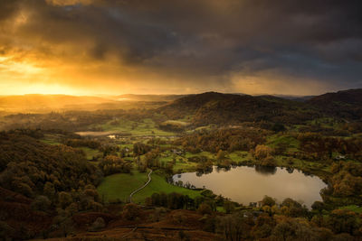 Scenic view of lake against sky during sunset