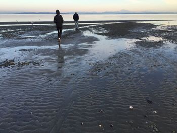 Rear view of people walking on beach