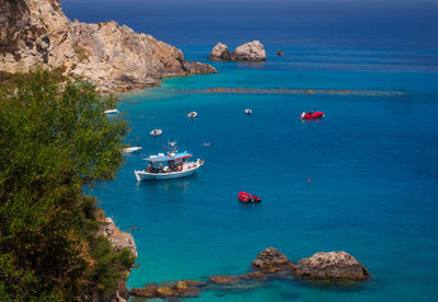 High angle view of boats in sea