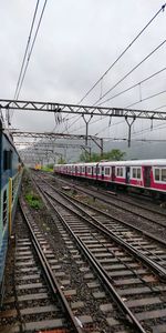Train on railroad tracks against sky