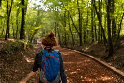 Rear view of woman walking in forest