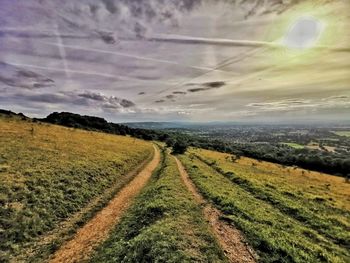 Scenic view of agricultural field against sky