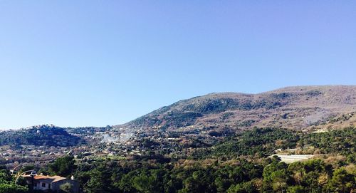 Scenic view of mountains against clear blue sky