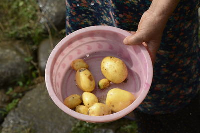 High angle view of person hand holding bowl