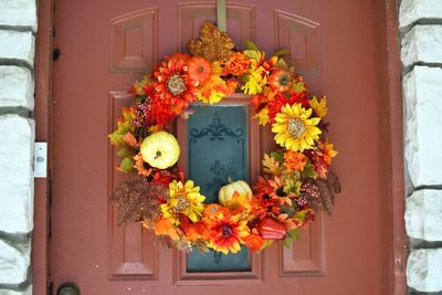 Autumn wreath on door of building