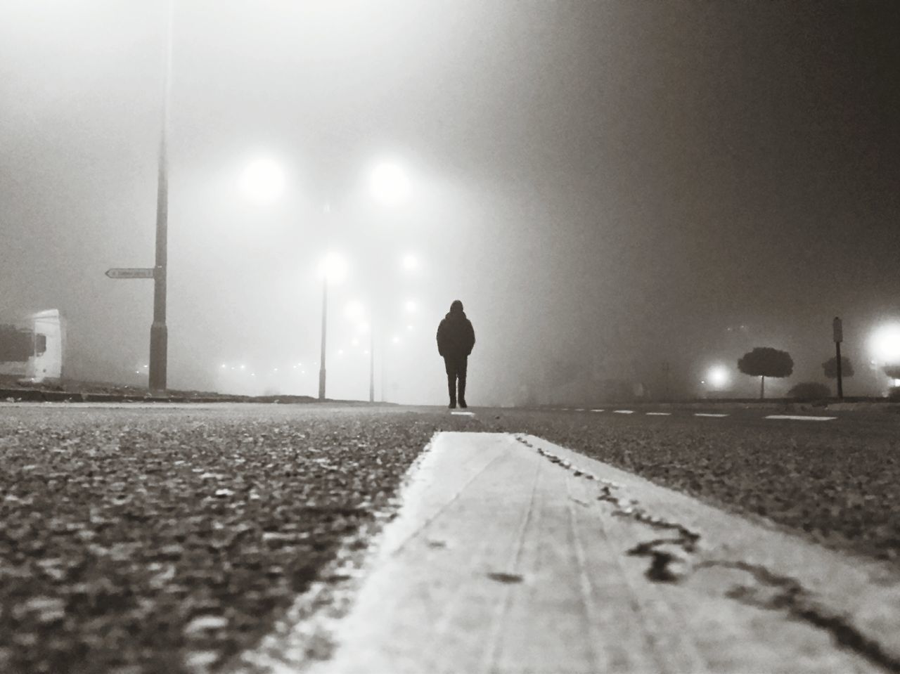 the way forward, rear view, walking, full length, surface level, night, diminishing perspective, illuminated, street, vanishing point, road, street light, standing, lifestyles, sky, silhouette, men, weather