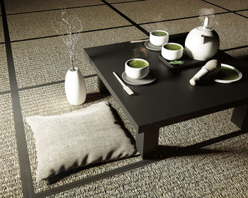 High angle view of coffee cup on table