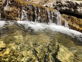 High angle view of water flowing through rocks