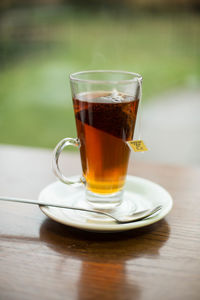 Close-up of coffee in cup on table