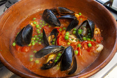 High angle view of soup in bowl