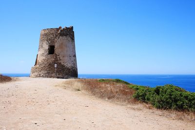 Scenic view of beach against clear blue sky