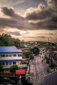 High angle view of buildings against sky during sunset