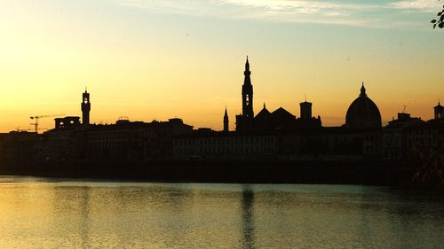 Buildings in city at sunset