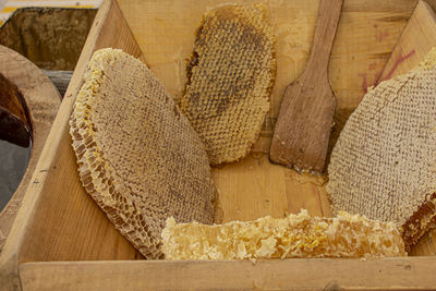 Close-up of corn on wooden table