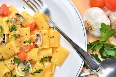 High angle view of food in plate on table