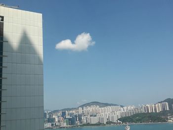 View of cityscape by sea against sky