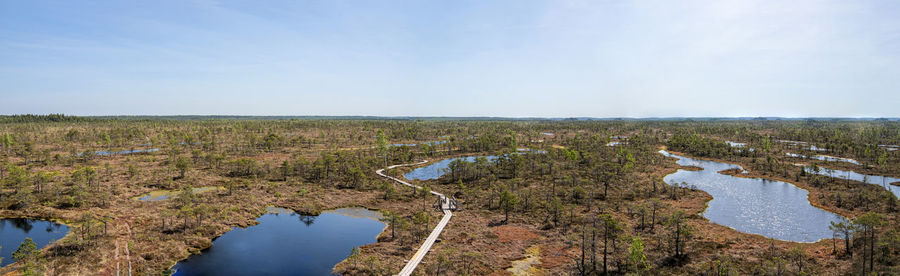 High angle view of river amidst landscape against sky