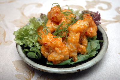 High angle view of japanese food in plate on table