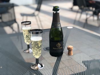 High angle view of wine glass on table