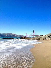 View of suspension bridge against clear blue sky