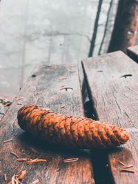 High angle view of bread on wooden table