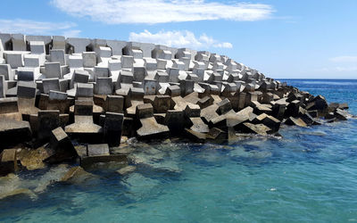 Panoramic view of sea and rocks against sky