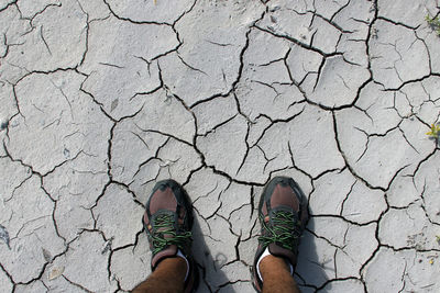 Low section of person standing on cracked land