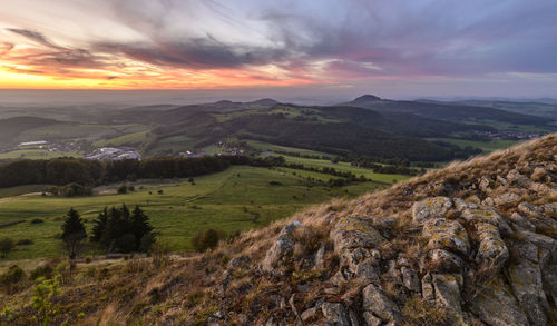 High angle view of landscape against sky during sunset