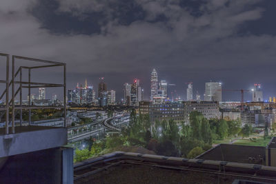 High angle view of buildings in city against sky