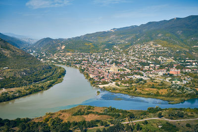 Panoramic view of the aragvi and kura rivers confluence and mtskheta city seen from jvari monastery