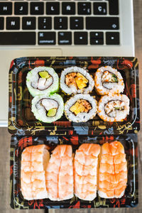 High angle view of sushi in tray