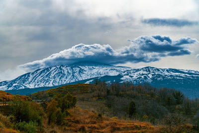 Scenic view of snowcapped mountains against sky. etna volcano