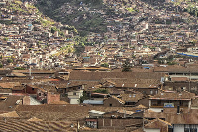 High angle view of houses in town