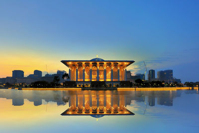 Reflection of temple in river during sunset