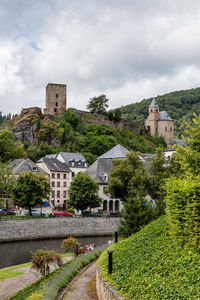 Buildings against cloudy sky