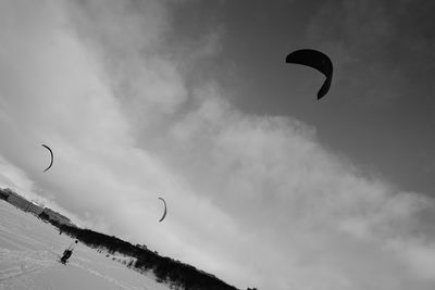 Low angle view of person paragliding against sky