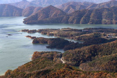 High angle view of lake and mountains