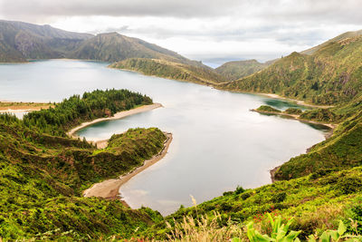 Scenic view of lake and mountains against sky