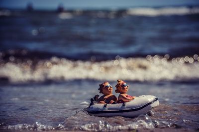 Optical illusion of toy boat sailing in sea