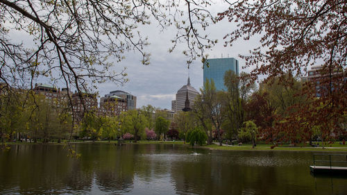 Scenic view of lake by buildings against sky