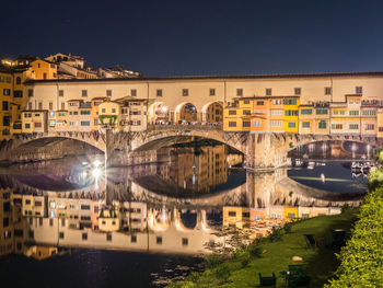 Arch bridge over river against buildings in city