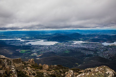 Aerial view of landscape and sea against sky